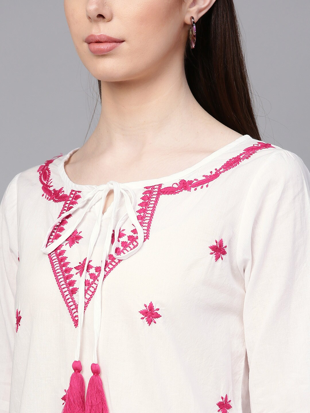 Wahe-NOOR Women's White & Pink Embroidered Top - Distacart
