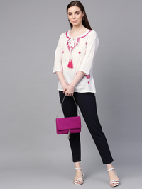 Thumbnail for Wahe-NOOR Women's White & Pink Embroidered Top - Distacart