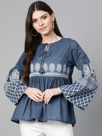 Thumbnail for Wahe-NOOR Women's Navy Blue Printed Bell Sleeves A-Line Top - Distacart