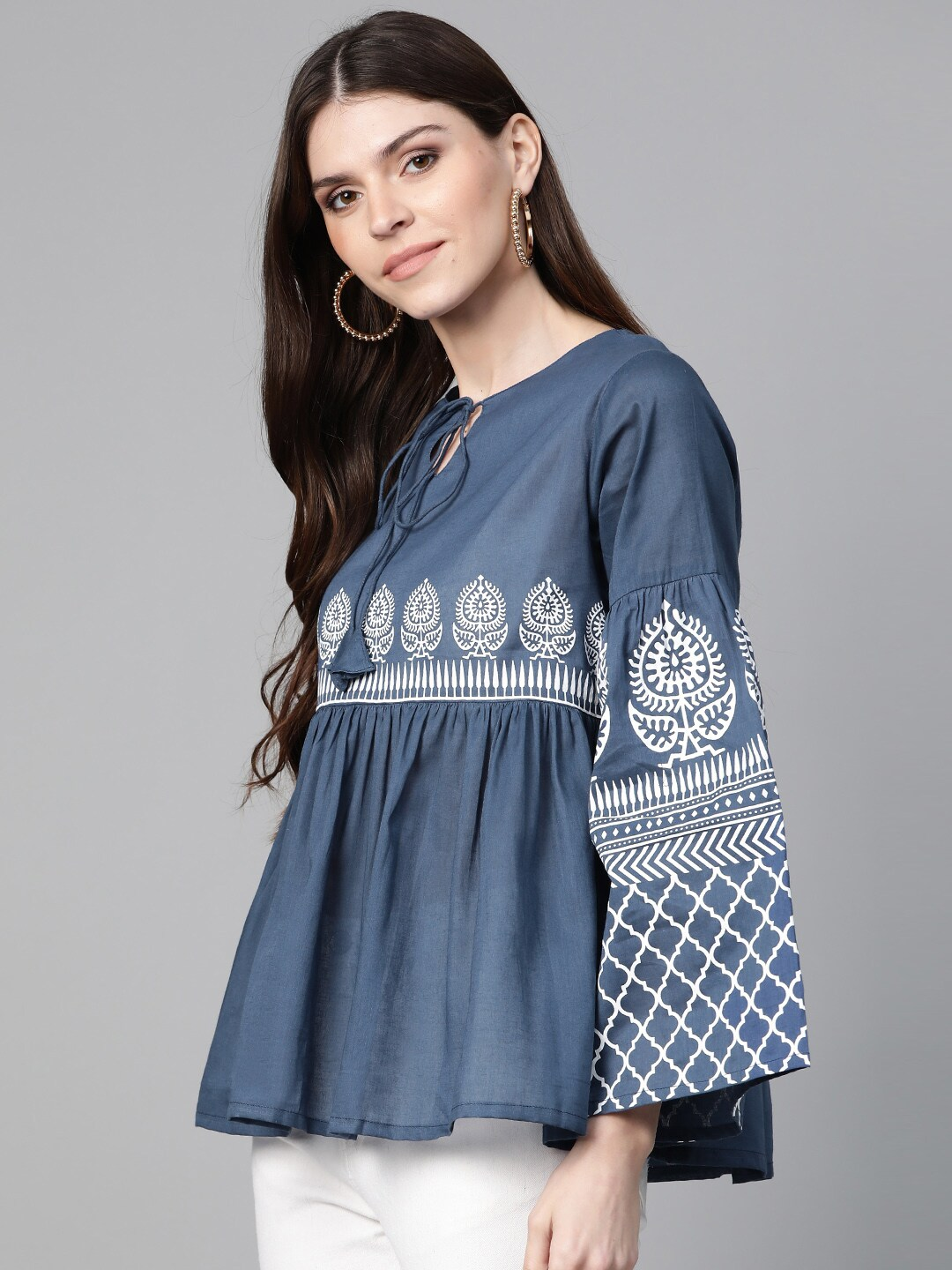 Wahe-NOOR Women's Navy Blue Printed Bell Sleeves A-Line Top - Distacart