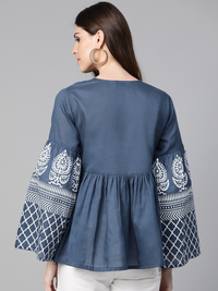 Thumbnail for Wahe-NOOR Women's Navy Blue Printed Bell Sleeves A-Line Top - Distacart