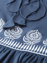 Thumbnail for Wahe-NOOR Women's Navy Blue Printed Bell Sleeves A-Line Top - Distacart