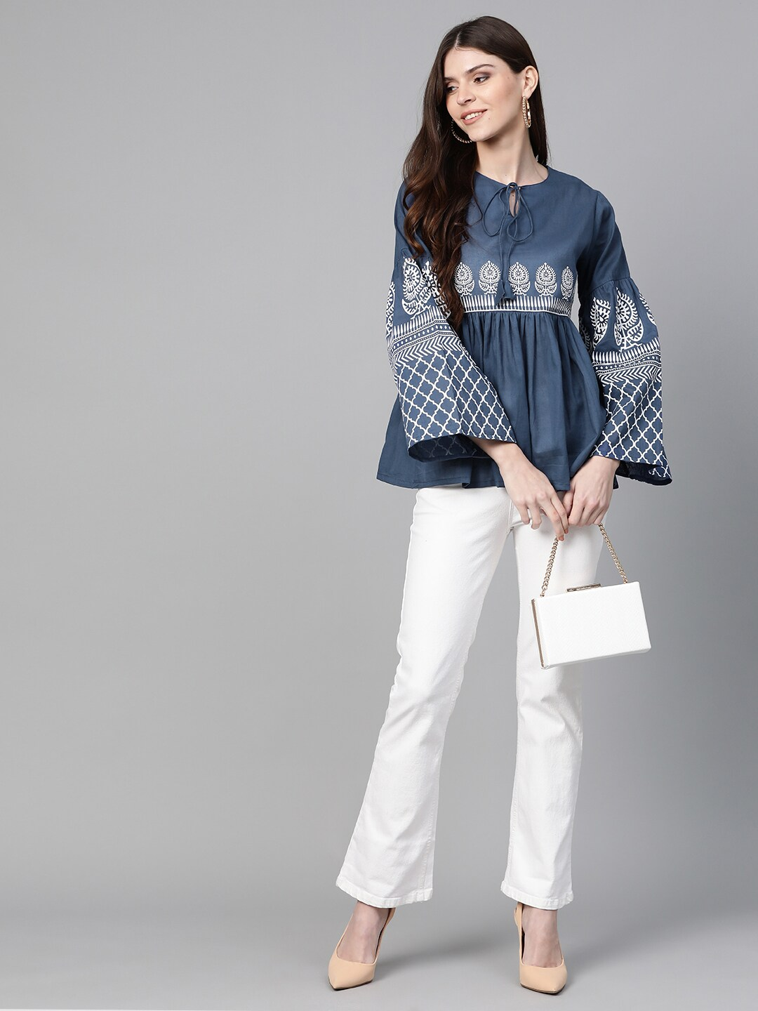 Wahe-NOOR Women's Navy Blue Printed Bell Sleeves A-Line Top - Distacart