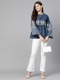 Thumbnail for Wahe-NOOR Women's Navy Blue Printed Bell Sleeves A-Line Top - Distacart
