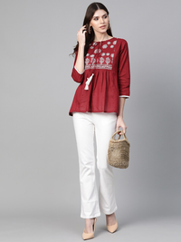 Thumbnail for Wahe-NOOR Women's Maroon Printed A-Line Top - Distacart