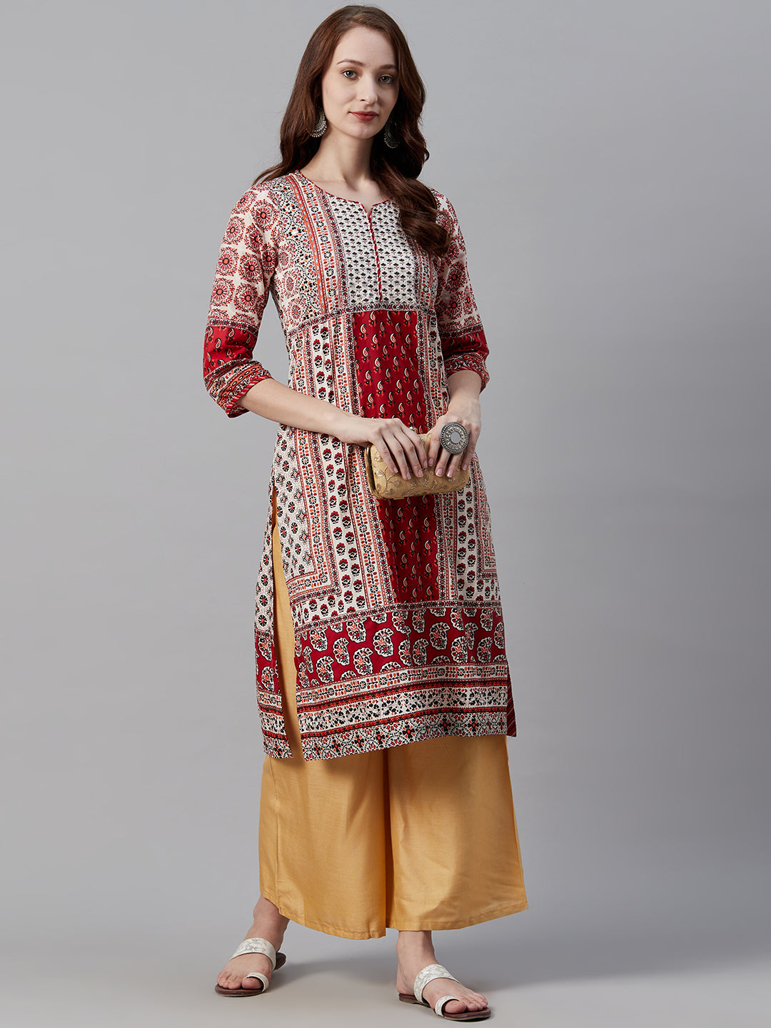 Biba Women Maroon & Off-White Ethnic Motif Print Straight Kurta - Distacart
