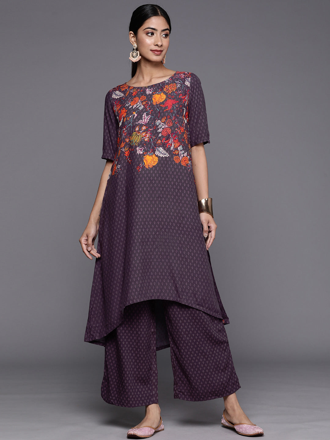 Biba Ethnic Motifs Printed High-Low Hem Kurta with Palazzos - Distacart