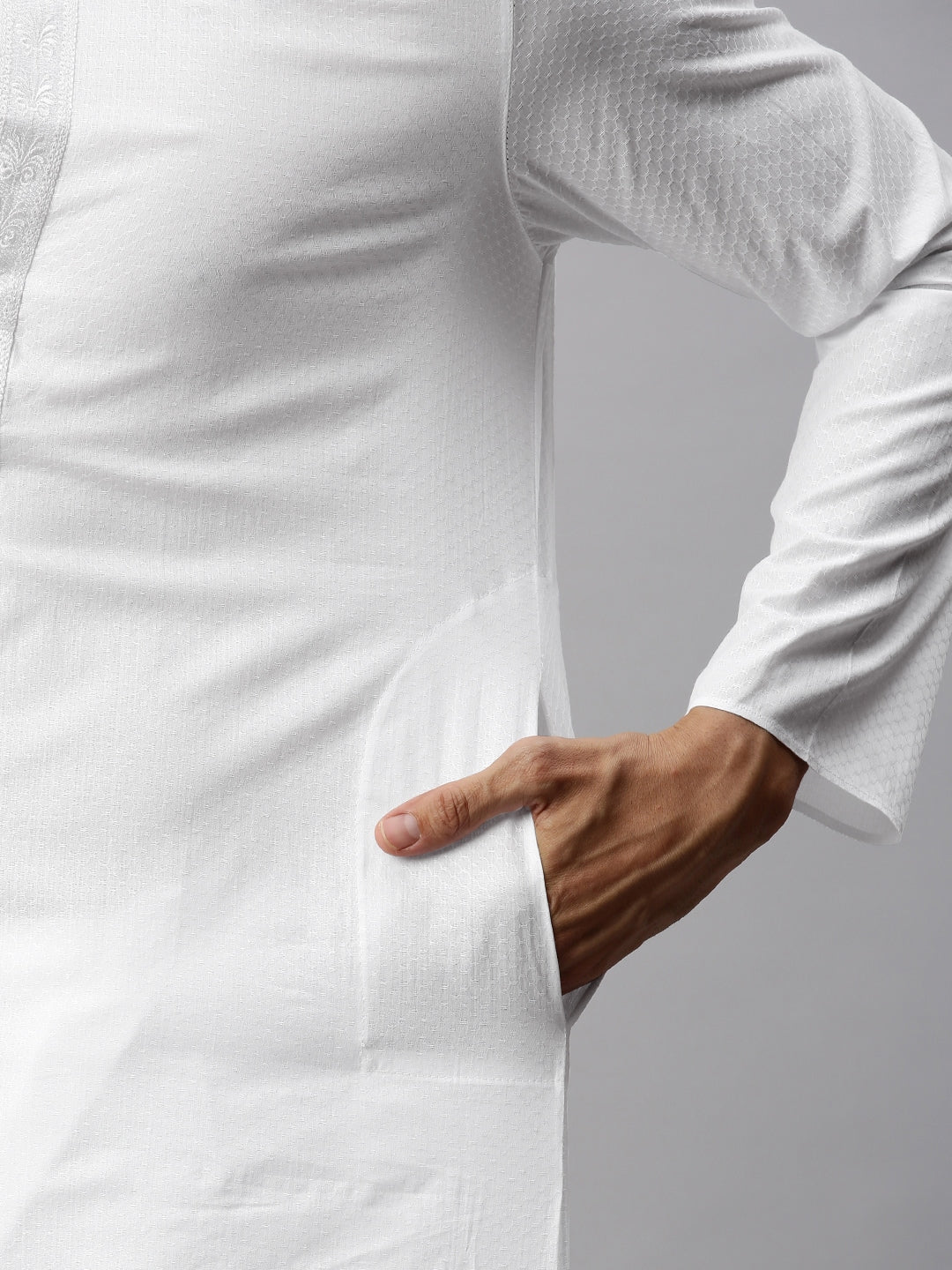 Manyavar Men White Self Design Kurta with Pyjamas - Distacart