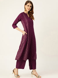 Thumbnail for Sangria Women Wine-Coloured & Golden Khari Printed Kurta with Palazzos - Distacart