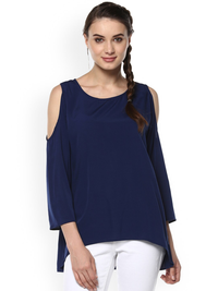 Thumbnail for Wahe-NOOR Women's Navy Blue Solid High-Low Top - Distacart