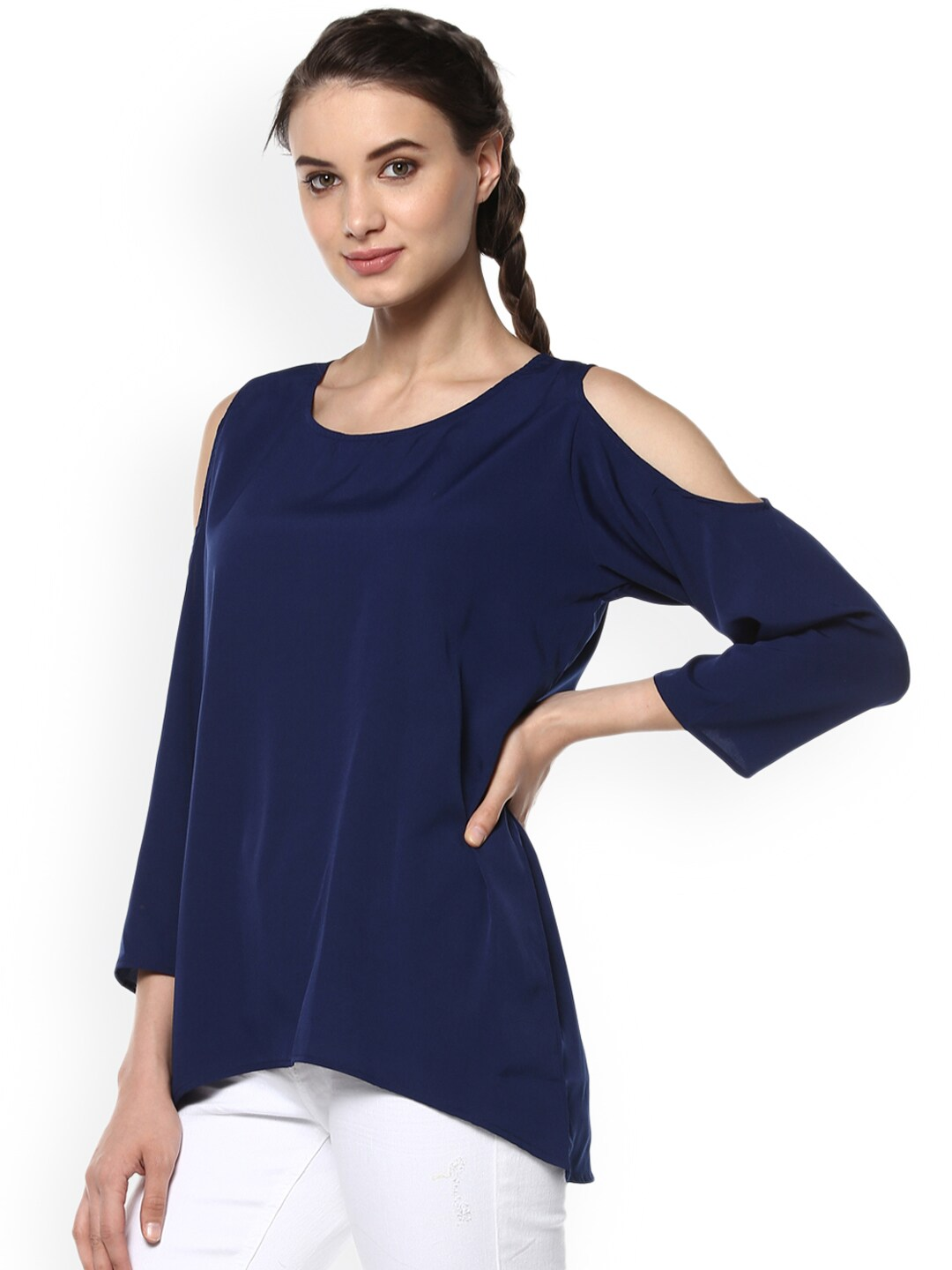 Wahe-NOOR Women's Navy Blue Solid High-Low Top - Distacart