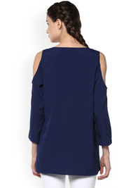 Thumbnail for Wahe-NOOR Women's Navy Blue Solid High-Low Top - Distacart