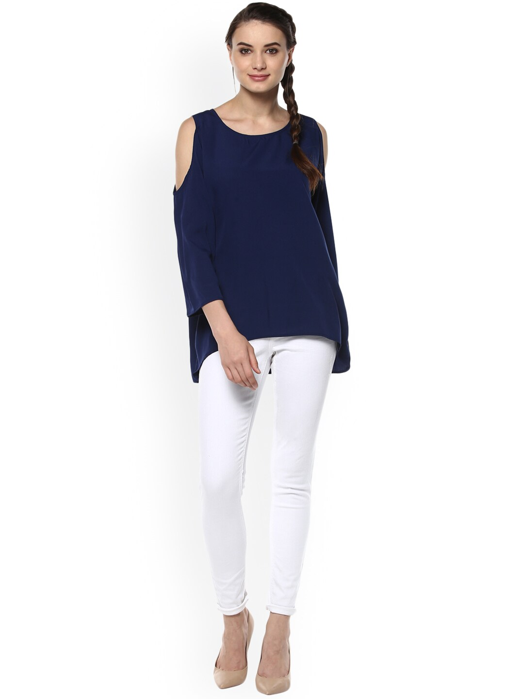 Wahe-NOOR Women's Navy Blue Solid High-Low Top - Distacart