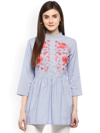 Thumbnail for Wahe-NOOR Women's Blue Longline Striped A-Line Top - Distacart