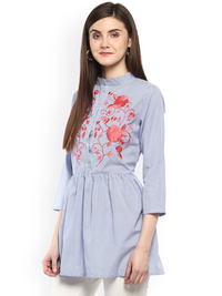 Thumbnail for Wahe-NOOR Women's Blue Longline Striped A-Line Top - Distacart