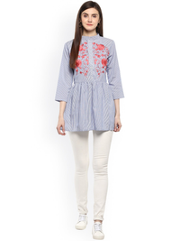 Thumbnail for Wahe-NOOR Women's Blue Longline Striped A-Line Top - Distacart
