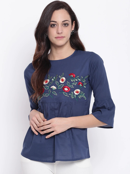 Wahe-NOOR Women's Blue Solid A-Line Top4 - Distacart