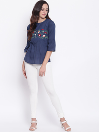 Thumbnail for Wahe-NOOR Women's Blue Solid A-Line Top4 - Distacart