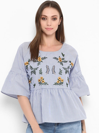 Thumbnail for Wahe-NOOR Women's Blue Striped Peplum Top - Distacart