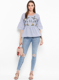 Thumbnail for Wahe-NOOR Women's Blue Striped Peplum Top - Distacart