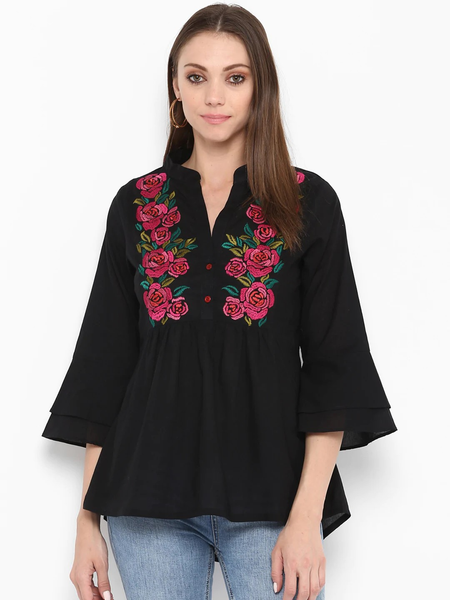 Wahe-NOOR Women's Black Floral Printed Top - Distacart