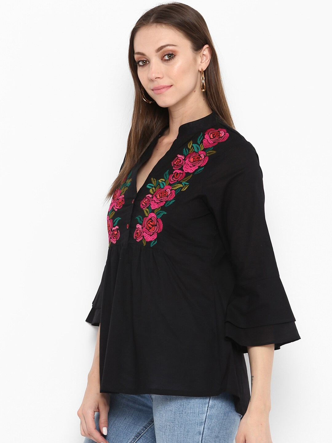 Wahe-NOOR Women's Black Floral Printed Top - Distacart