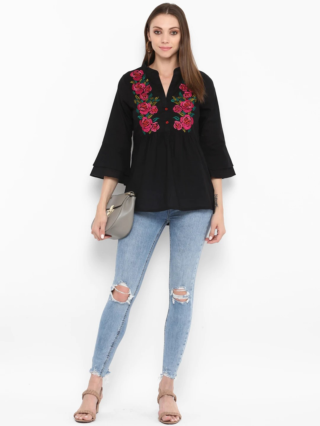 Wahe-NOOR Women's Black Floral Printed Top - Distacart