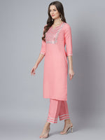Thumbnail for Khushal K Women Pink Yoke Design Embroirdered Kurta with Trousers - Distacart
