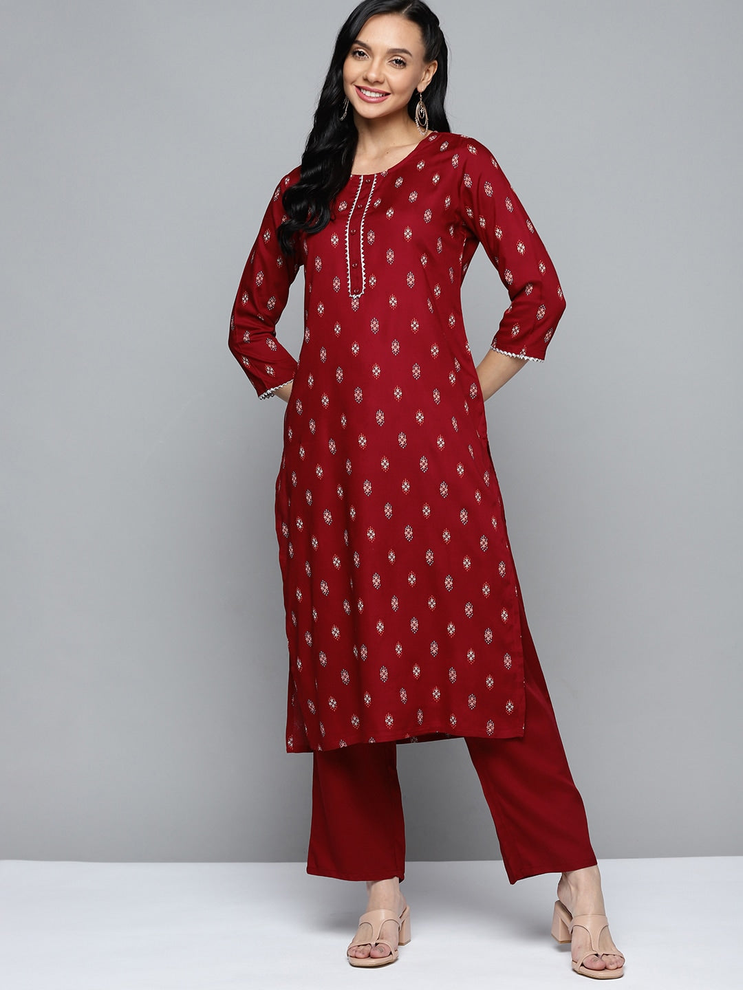 HERE&NOW Women Maroon Ethnic Motifs Printed Regular Kurta with Palazzos - Distacart