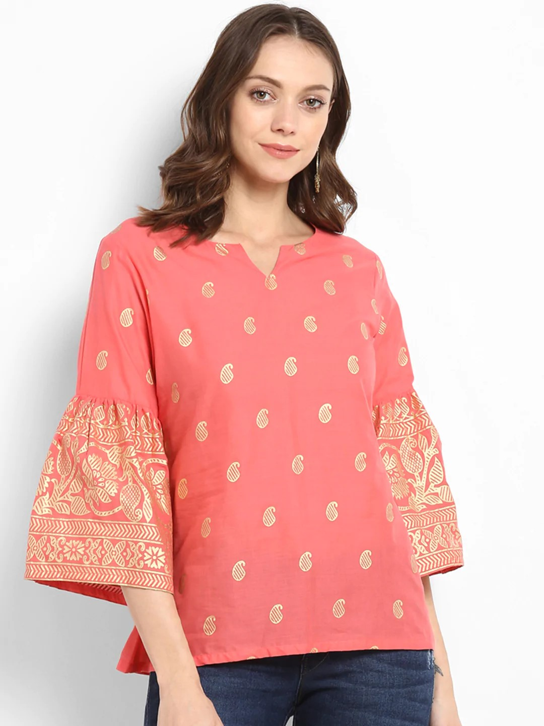 Wahe-NOOR Women's Peach-Coloured Printed Top - Distacart