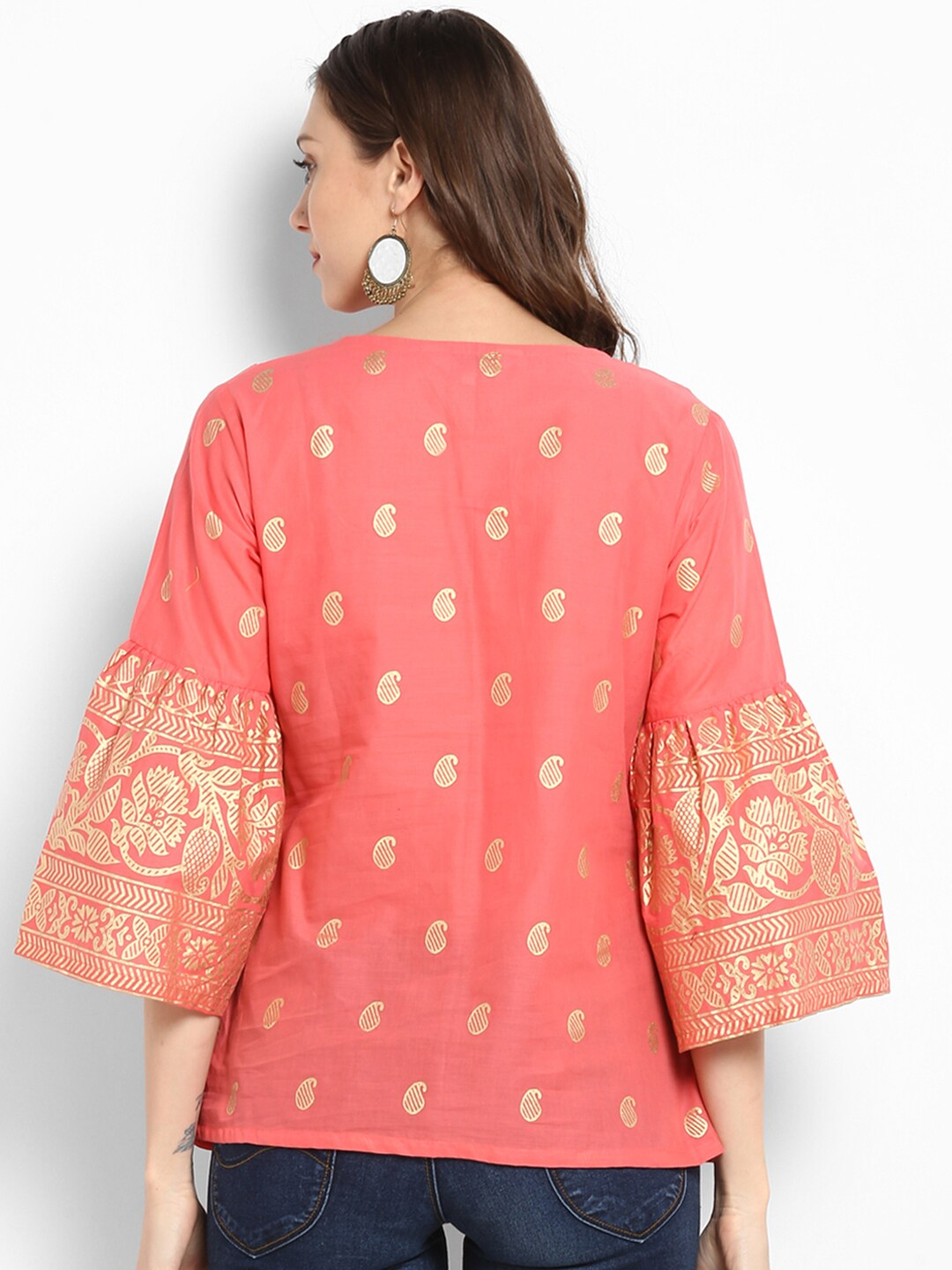 Wahe-NOOR Women's Peach-Coloured Printed Top - Distacart