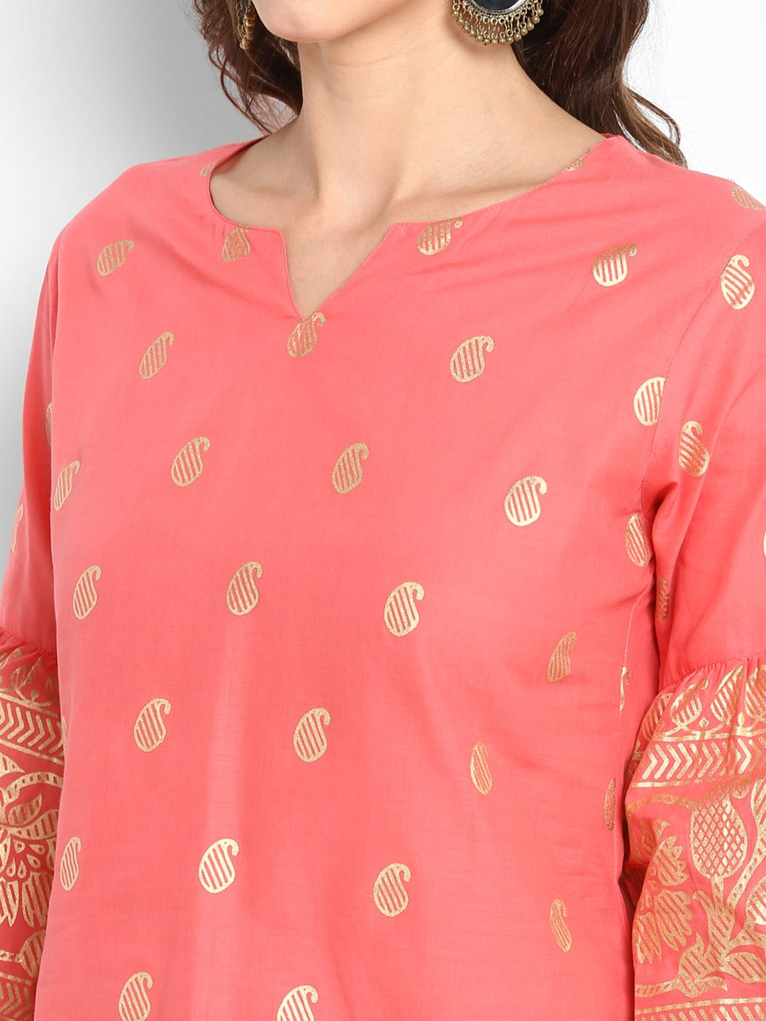 Wahe-NOOR Women's Peach-Coloured Printed Top - Distacart