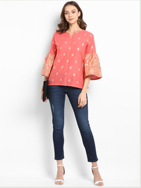Thumbnail for Wahe-NOOR Women's Peach-Coloured Printed Top - Distacart
