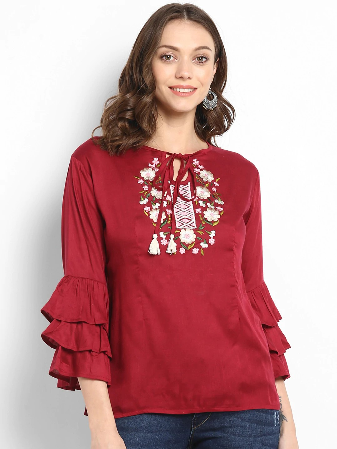 Wahe-NOOR Women's Maroon Embellished A-Line Top - Distacart