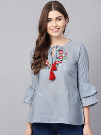 Thumbnail for Wahe-NOOR Women's Blue Embroidered Detail Chambray A-Line Top - Distacart