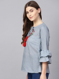 Thumbnail for Wahe-NOOR Women's Blue Embroidered Detail Chambray A-Line Top - Distacart