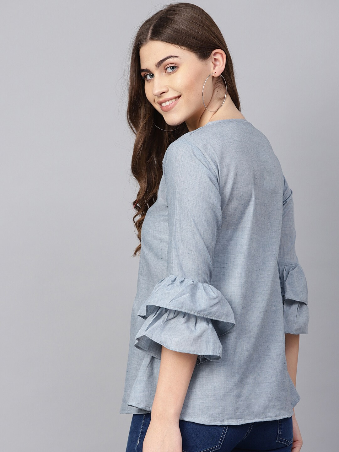 Wahe-NOOR Women's Blue Embroidered Detail Chambray A-Line Top - Distacart
