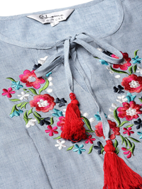 Thumbnail for Wahe-NOOR Women's Blue Embroidered Detail Chambray A-Line Top - Distacart