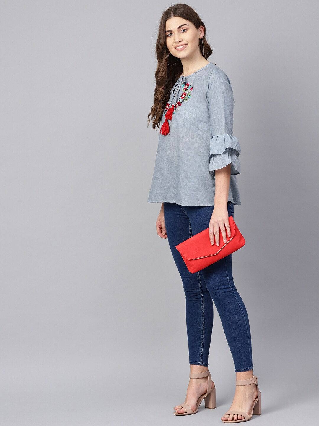 Wahe-NOOR Women's Blue Embroidered Detail Chambray A-Line Top - Distacart