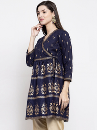 Thumbnail for Wahe-NOOR Women's Navy Blue & Golden Foil Print Angrakha Tunic - Distacart