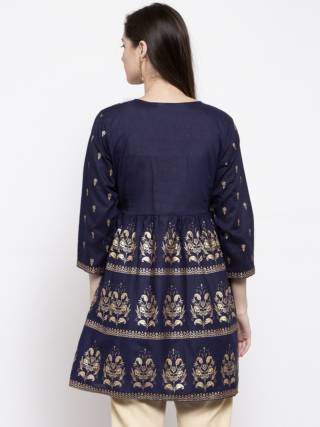 Wahe-NOOR Women's Navy Blue & Golden Foil Print Angrakha Tunic - Distacart