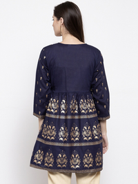 Thumbnail for Wahe-NOOR Women's Navy Blue & Golden Foil Print Angrakha Tunic - Distacart