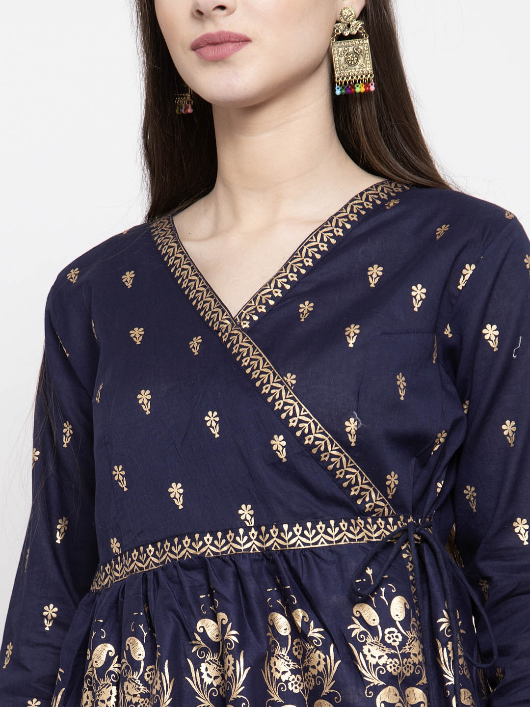 Wahe-NOOR Women's Navy Blue & Golden Foil Print Angrakha Tunic - Distacart