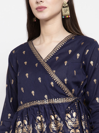 Thumbnail for Wahe-NOOR Women's Navy Blue & Golden Foil Print Angrakha Tunic - Distacart