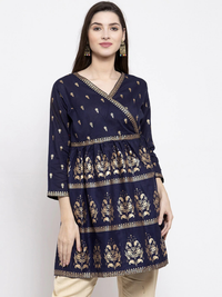 Thumbnail for Wahe-NOOR Women's Navy Blue & Golden Foil Print Angrakha Tunic - Distacart