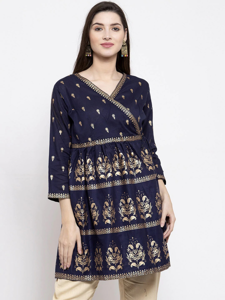 Wahe-NOOR Women's Navy Blue & Golden Foil Print Angrakha Tunic - Distacart