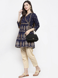 Thumbnail for Wahe-NOOR Women's Navy Blue & Golden Foil Print Angrakha Tunic - Distacart