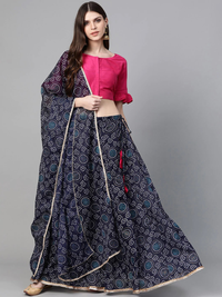 Thumbnail for Wahe-NOOR Women's Navy Blue & Pink Bandhani Print Ready To Wear Lehenga With Blouse & Dupatta - Distacart