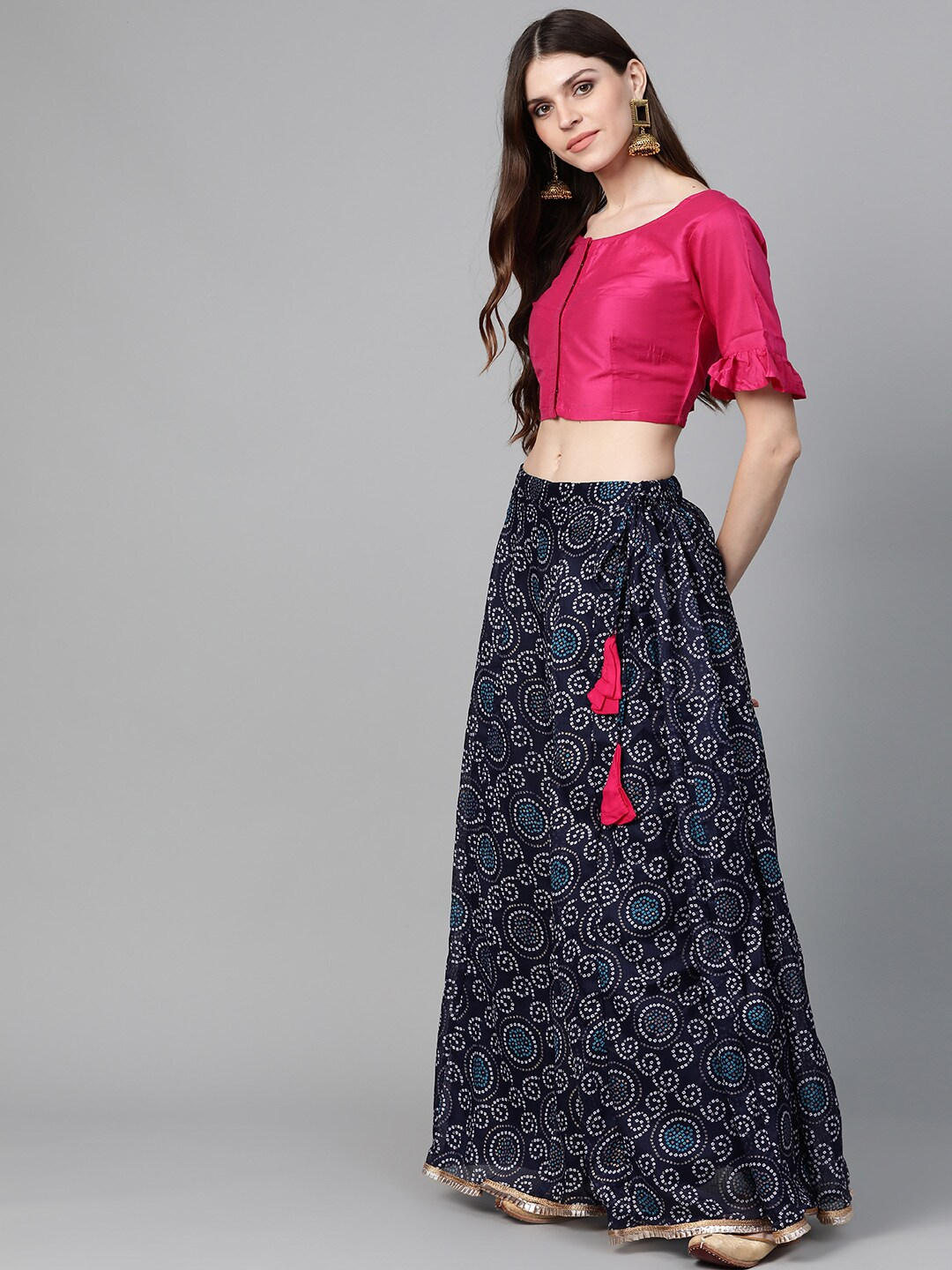 Wahe-NOOR Women's Navy Blue & Pink Bandhani Print Ready To Wear Lehenga With Blouse & Dupatta - Distacart