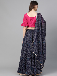 Thumbnail for Wahe-NOOR Women's Navy Blue & Pink Bandhani Print Ready To Wear Lehenga With Blouse & Dupatta - Distacart